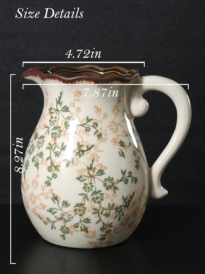 Vintage Ceramic Vase - 8.2 Inch Hand-Painted Flowers with Ice Crackle Glaze Finish, American Farmhouse Style Pitcher Vase for Home Decor, Centerpiece, Shelf, Table, Office