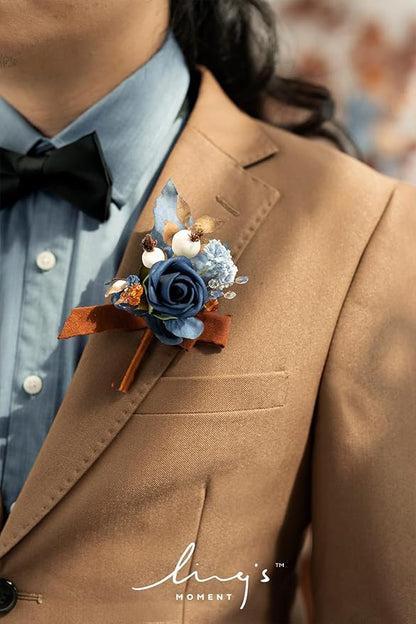 Ling's moment Boutonniere for Men, 6pcs Groom Groomsmen Boutonniere, Artificial Flowers for Wedding Decor/Prom/Homecoming, etc.Burnt Orange Navy Blue