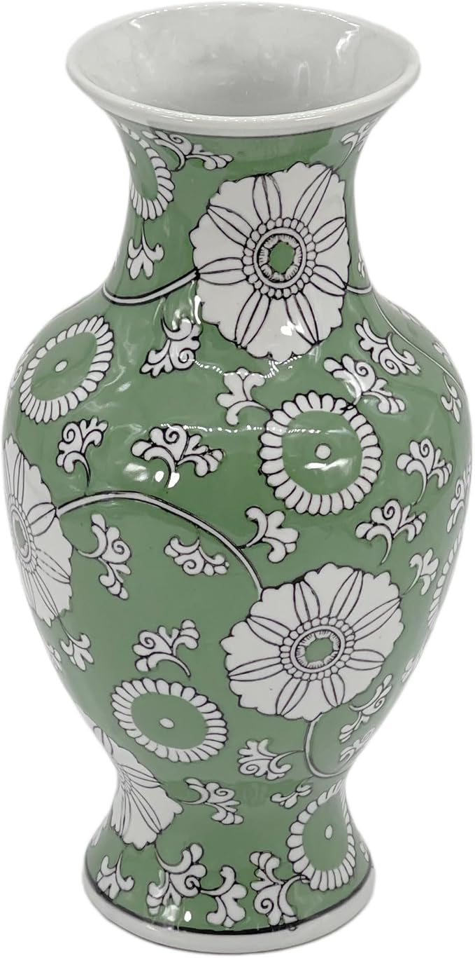 Galt International 14” Hand Painted Chinoiserie Ceramic Vase – Antique Style Porcelain Flower Bottle by Galt International, Fishtail Chinese Vase for Home Decor & Centerpiece - Green & White