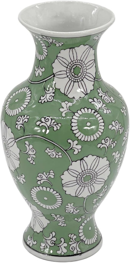 Galt International 14” Hand Painted Chinoiserie Ceramic Vase – Antique Style Porcelain Flower Bottle by Galt International, Fishtail Chinese Vase for Home Decor & Centerpiece - Green & White