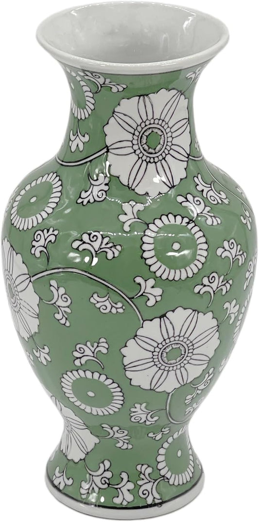 Galt International 14” Hand Painted Chinoiserie Ceramic Vase – Antique Style Porcelain Flower Bottle by Galt International, Fishtail Chinese Vase for Home Decor & Centerpiece - Green & White