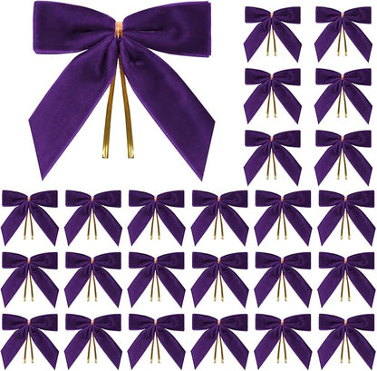 24 Pcs Purple Small Velvet Christmas Bows for Christmas Tree, Wreath, Gift Wrapping, Crafts, Wedding, Party, Twist Tie Bows for Treat Bag Bakery Candy Bags, Home Decor 1" W,3.5 x 3.5 inch