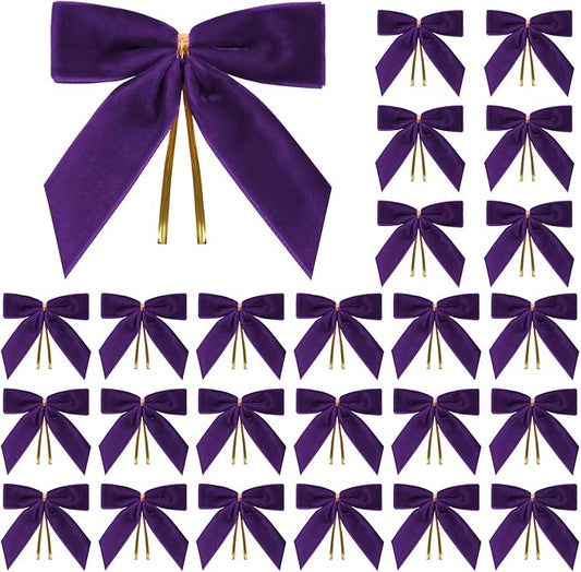 24 Pcs Purple Small Velvet Christmas Bows for Christmas Tree, Wreath, Gift Wrapping, Crafts, Wedding, Party, Twist Tie Bows for Treat Bag Bakery Candy Bags, Home Decor 1" W,3.5 x 3.5 inch