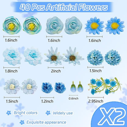 Mini Silk Flower Heads Craft Flowers Faux Daisy, 40 Pcs Artificial Flowers Fake Rose for Crafts, Artificial Daisies Flower Heads Small Flower for Wedding Party Cap Hair Decoration (Light Blue)