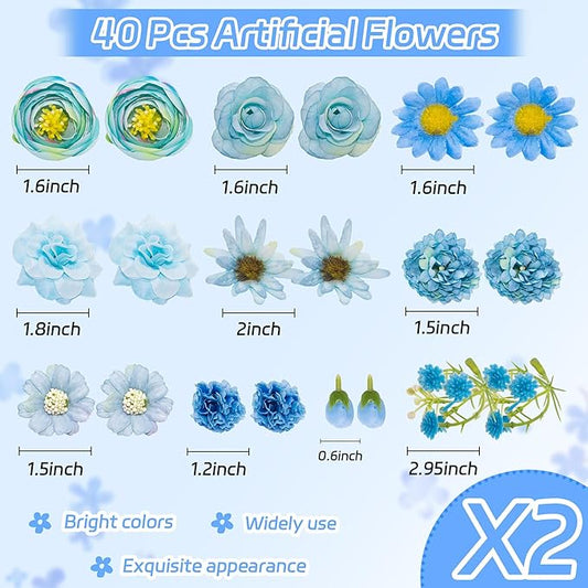Mini Silk Flower Heads Craft Flowers Faux Daisy, 40 Pcs Artificial Flowers Fake Rose for Crafts, Artificial Daisies Flower Heads Small Flower for Wedding Party Cap Hair Decoration (Light Blue)