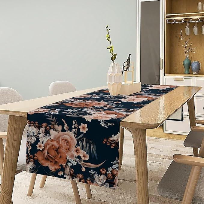 Vintage Flower Table Runner, Boho Black Dark Floral Plant Bohemian Watercolor Spring Garden Botanical Art Table Cover for Holiday Farmhouse Kitchen Dining Table Decor, 13x90inch