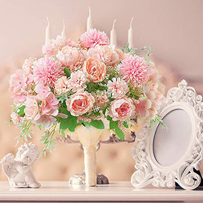 DDcafor 6 Pack Artificial Flowers, Fake Faux Peony Silk Hydrangea Plastic Carnations Daisy Realistic Flower Arrangements for Wedding Decoration Table Centerpieces, for Home Office Party Decor (Pink)