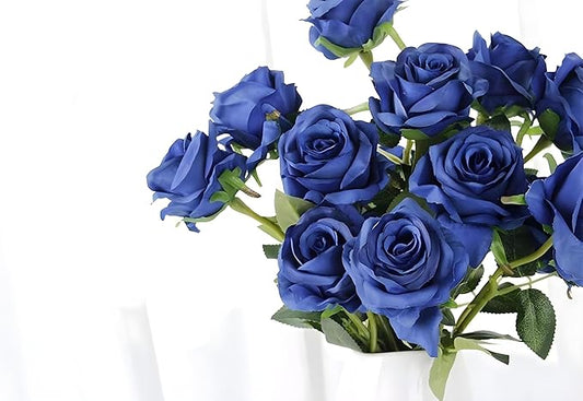 Laelfe 12 pcs Artificial Blue Roses Flowers Long Stem Fake Silk Rose for Home Wendding Decorations (Blue)