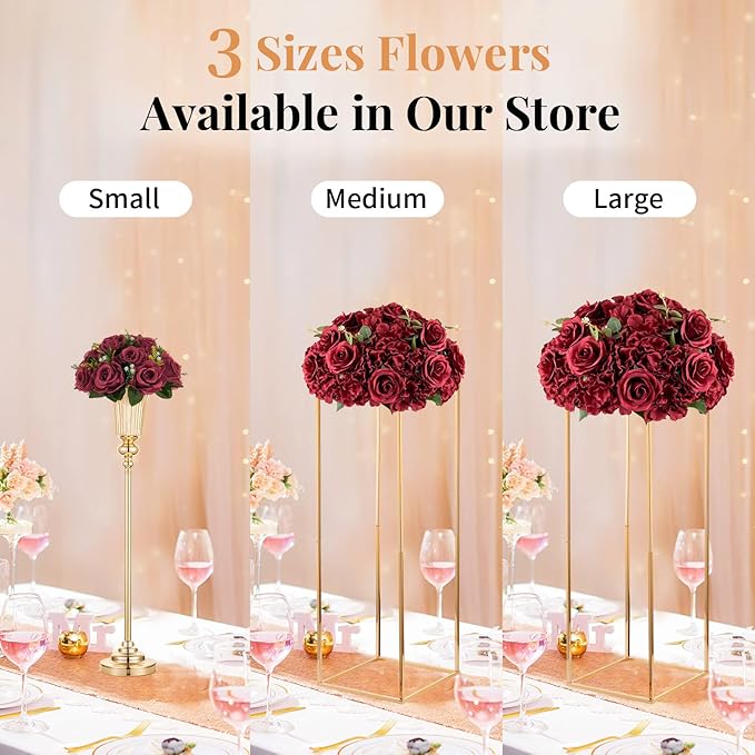 Nuptio Flower Wedding Centrepieces for Tables: 2 Pcs Burgundy Artificial Flowers Roses Balls 14.2 inch Diam for Centerpiece Fake Silk Rose Arrangements for Weddings Reception Birthday Party Decoration