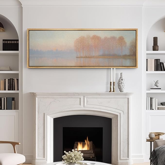 SIGNFORD Large Framed Canvas Print Wall Art Sunrise Over Autumn Trees and Lake Soft Pastel Nature Illustrations Modern Art Relax/Calm Warm for Living Room, Bedroom, Office - 60"x20"