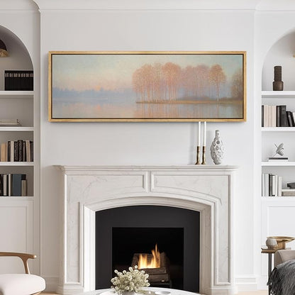 SIGNFORD Large Framed Canvas Print Wall Art Sunrise Over Autumn Trees and Lake Soft Pastel Nature Illustrations Modern Art Relax/Calm Warm for Living Room, Bedroom, Office - 60"x20"