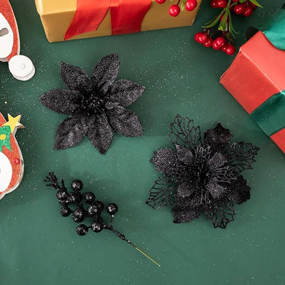 24Pcs Black Glitter Poinsettia Christmas Tree Ornaments and Glitter Berries Stems, 16Pcs Christmas Artificial Flowers and 8 Pack Christmas Tree Picks for Wedding Holiday Decorations