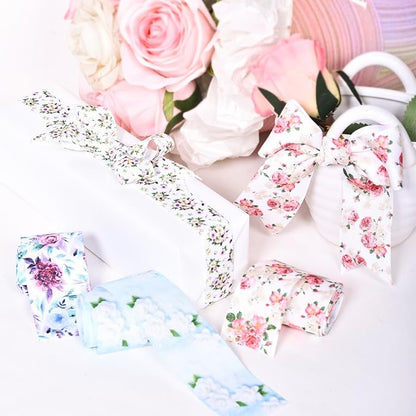 Floral Grosgrain Ribbon, 5 Rolls Flower Pattern Ribbon Spring Summer Fabric Decorative Craft Ribbon Roll for Gift Wrapping Decor Hair Bow Sewing Wreath Crafts (Mixed Color, 3/8 inch X 20Yards)