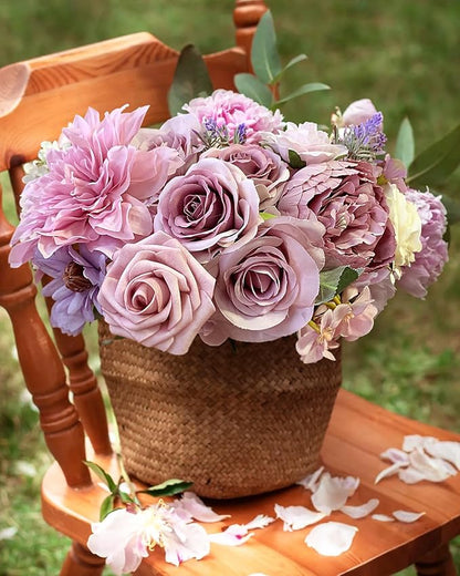 Roses Artificial Flowers Purple Fake Flower Bulk for DIY Wedding Bouquet Bridal Baby Shower Centerpiece Table Decorations Silk Faux Floral Arrangements for Party Home Decor Cake Decorating