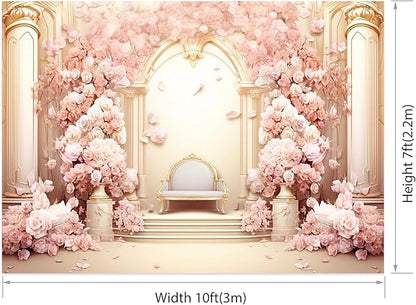 AOFOTO 10x7ft Wedding Backdrop Palace Hall Wall Spring Pink Flower Arch Background for Photography Bridal Shower Valentine's Day Prom Decoration Banner Girl Portrait Photo Booth Backdrop