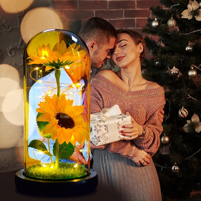 QUELIEN Sunflower Gift for Women,Sun Flowers Home Decor,Preserved Sunflower Bouquet in Glass Dome,Birthday Gifts for Her Mom