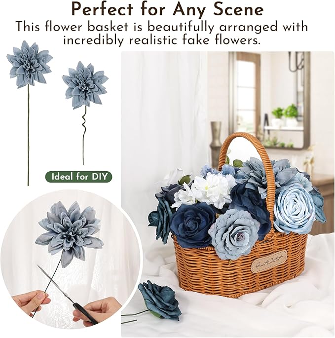 Artificial Flowers Combo Box Set Dusty Blue Bouquet Flowers for Wedding Centerpieces Arrangements Bridal Shower Party Decorations Fake Floral for Home
