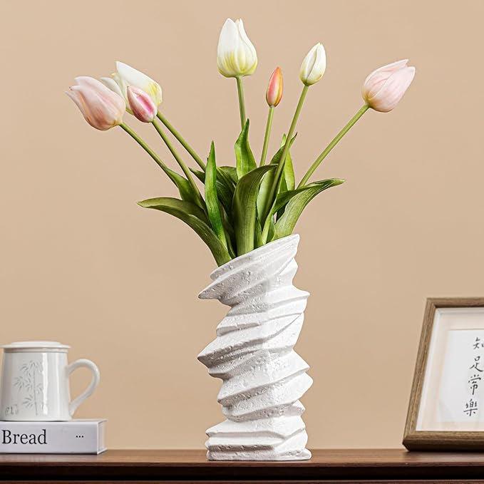 White Ceramic Vase with Spiral Wave Texture - 10" Unique Flower Vase for Pampas Grass & Centerpieces, Decorative Boho/Farmhouse Vase for Living Room, Office Desk & Housewarming Gift (for Her/Yourself)