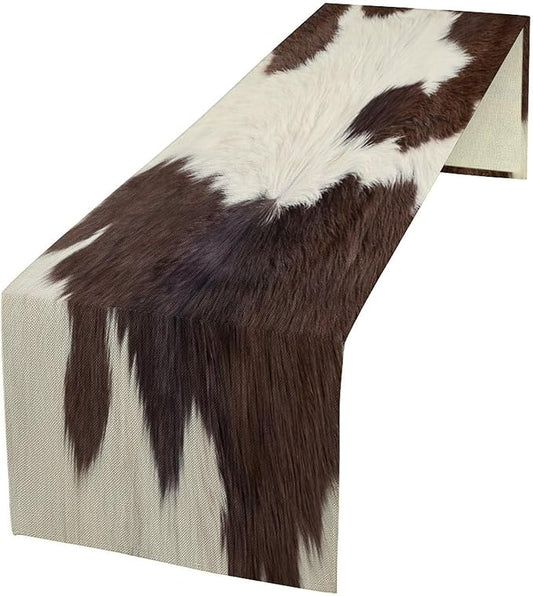 Cow Skin Print Table Runner, Rustic Farmhouse Cottage Country Animal Fur Skin Western Style Brown Cowhide Print Dinner Runner Table Decoration for Home Kitchen Dining 13x70in