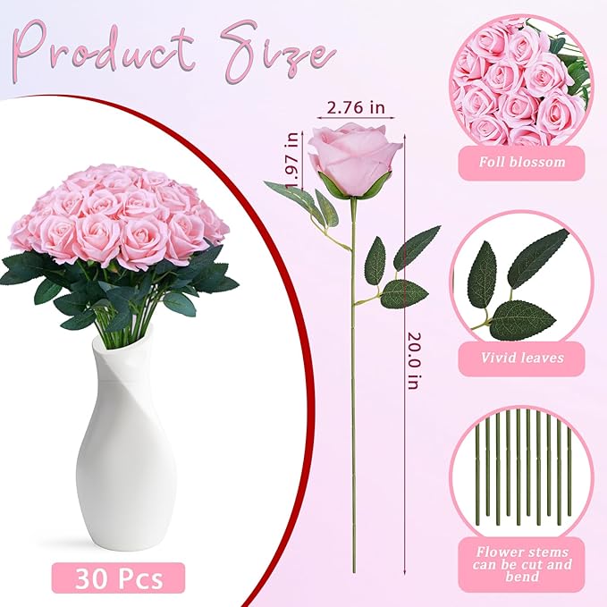 30pcs Fake Roses Artificial Silk Flowers Long Stems Bouquet for Wedding Bridal Shower Party Home Decoration (Pink)