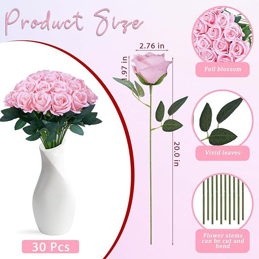 30pcs Fake Roses Artificial Silk Flowers Long Stems Bouquet for Wedding Bridal Shower Party Home Decoration (Pink)