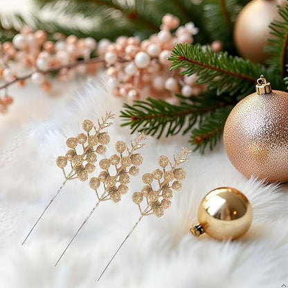 24 Pack Artificial Christmas Glitter Berries Stems Branches,Christmas Faux Holly Berries Branches Ornaments for Christmas Tree Wreath DIY Craft Decorations Holiday Home Decor(Champagne)