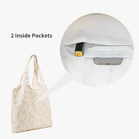 Canvas Tote Bag, Large Capacity Shoulder Bag with Inner Pockets, Foldable Shopping Bag