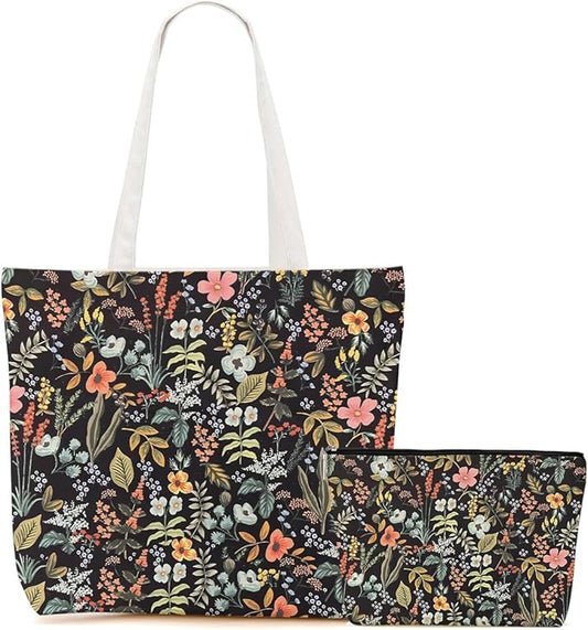 Aesthetic Floral Tote Bag Makeup Bag Flower Decor Gifts for Girls Christmas Shopping Grocery Bags Cosmetic Bags