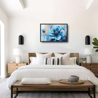 Extra Large Abstract Blue Flower Framed Wall Art for Living Room,Oversized Elegant Floral Pictures Wall Decor,Canvas Print Painting Modern Artwork Bedroom Office Bathroom 36L x 24W