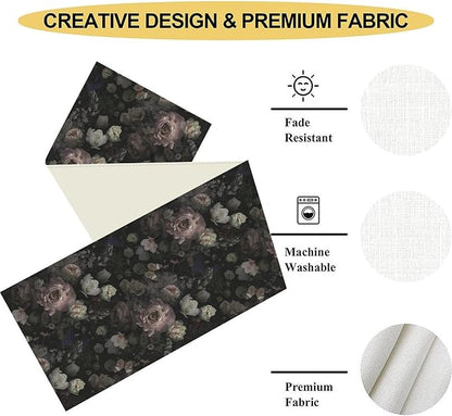 Gothic Floral Table Runner, Vintage Garden Flower Black Witchy Farmhouse Coffee Table Center Decor for Home Kitchen Dining Patio Holiday Party Table Decorations 13x36 inches