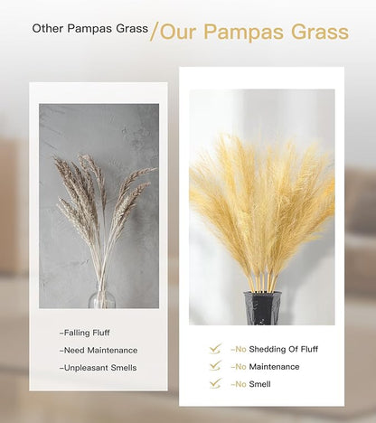 9 Pcs 45" Tall Pampas Grass Gold Decor, Long Stem Artificial Flower Floor Vase Large Faux Floral Pompas Fake Plants Dried Bouquet Arrangement Vase Filler for Boho Home Wedding Decoration