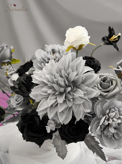 Serwalin Artificial Flowers Grey Fake Flowers Box Set, Silk Flowers with Stems, Faux Wedding Flower Cake Flowers for DIY Wedding Bouquets Bridal Shower Centerpieces Floral Arrangements Decor