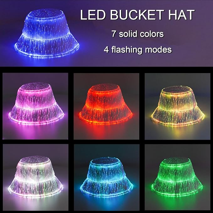 LED Rave Bucket Hat Light up Fisherman Cap 7 Colors Glow in the Dark Party Hats USB Rechargeable EDM Festival Gear