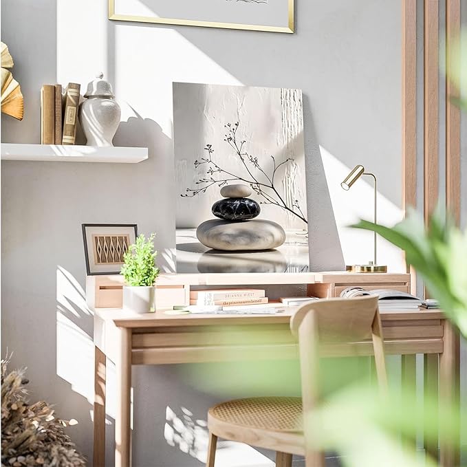 Gray and black stone pile and dried flowers poster canvas wall art in harmony Minimalist wall art for tranquil homes and mindful spaces 16x24in Wood Framed
