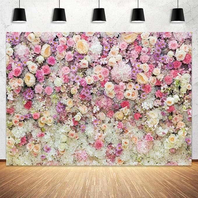 7x5ft Pink Rose Floral Flower Wall Backdrop Girls Wedding Birthday Bridal Shower Kids Portrait Background Photoshoot Cake Table Tea Party Photoshoot Decorations Photo Studio Props