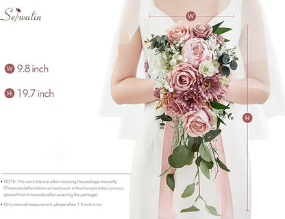 Serwalin 9.8 Inch Wedding Bouquets for Bride Bridesmaid, Dusty Pink Peonies Bridal Bouquets for Bride, Wedding Flowers Bouquet Tossing Bouquet, Wedding Ceremony and Anniversary Day Decor