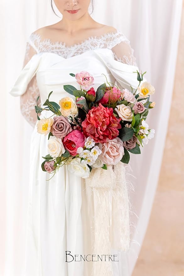 14 Inch Blush Wedding Bouquet for Bride,Spring Wedding Bouquet,hot pink Bridal Bouquets for Bride, for Wedding Ceremony Anniversary,Party and French Rustic Vintage Wedding,Artificial Flowers