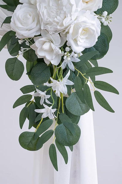 White Artificial Wedding Arch Flowers Kit (Pack of 3) with 26Ft White Shiny Arch Draping Fabric for DIY Wedding Party Ceremony Reception Backdrop Floral Decoration