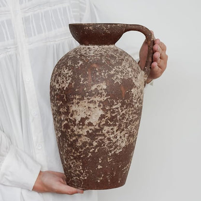 Brown Ceramic Rustic Farmhouse Vase Jug Pitcher with Handle, Distressed Antique Terracotta Pottery Flower Vase 14.2 Inch Handmade Large Floor Vintage Decorative for Home Living Room Decor
