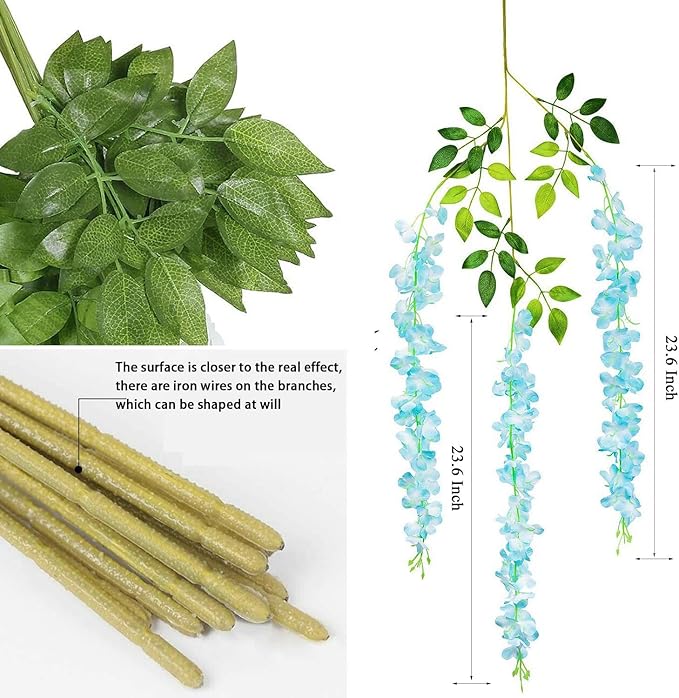 Artificial Wisteria Hanging Flowers Fake Wisteria Flower Garland Silk Vines Rattan Decor for Home Wedding Arch Wall Garden Greenery Bedroom Outdoor Office Party Decoration (12, Blue)