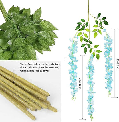 Artificial Wisteria Hanging Flowers-Fake Wisteria Flower Garland Silk Vines Rattan Decor for Home Wedding Arch Wall Garden Greenery Bedroom Outdoor Office Party Decoration(24, Blue)