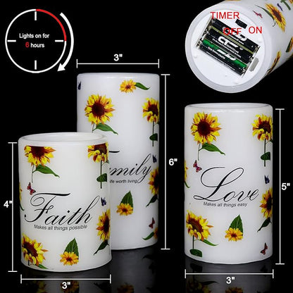 DRomance Sunflower Flameless Flickering Candles with 6H Timer, Set of 3 Battery Operated White Real Wax LED Pillar Candles Party Dinner Holiday Decor(3 x 4,5,6 Inches)