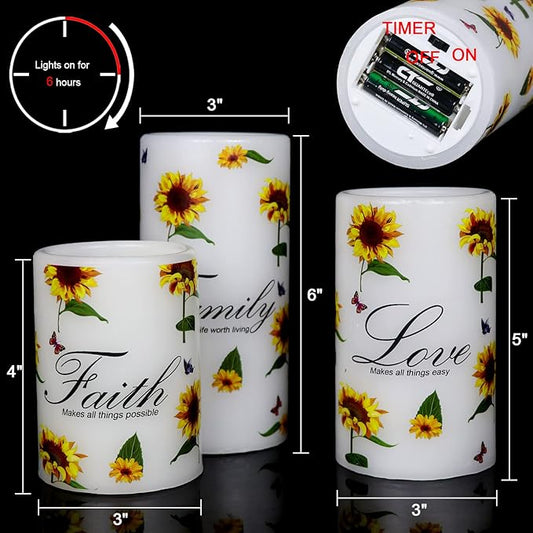 DRomance Sunflower Flameless Flickering Candles with 6H Timer, Set of 3 Battery Operated White Real Wax LED Pillar Candles Party Dinner Holiday Decor(3 x 4,5,6 Inches)