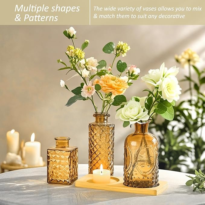 36Pcs Glass Bud Vases Set, Small Flower Vintage Vases for Centerpieces, Mini Vase in Bulk for Rustic Wedding, Party, Birthday Party, Festival Table Decorations and Home Decor, Amber