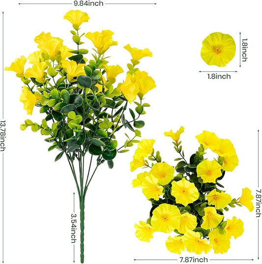 Artificial Faux Flowers for Outdoor 16 Bundles Boxwood Fake Morning Glory for Planter,UV Resistant Fake Flowers for Home Porch Patio Outside（Yellow）