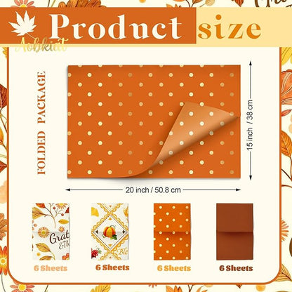 Aobkiat Fall Thanksgiving Tissue Paper for Gift Bags,24 Sheets Pumpkin Maple Leaf Design Paper,Orange Wrapping Craft Paper for DIY, Autumn Harvest Present Packaging,15 x 20 Inch