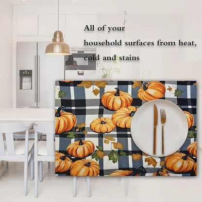 Halloween Pumpkin Placemats, Place Mats Set of 4, Heat Resistant Place Mats, Washable Table Mats for Dining Table, Non-Slip Stain Resistant Kitchen Table Placemats, Black Buffalo Plaid
