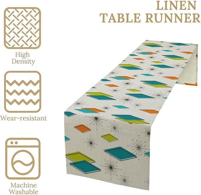 Mid Century Table Runner, Modern Atomic Pattern Absctract Geometric Retro Dinner Runner for Home Kitchen Dining Table Decoration, 13x108 Inch