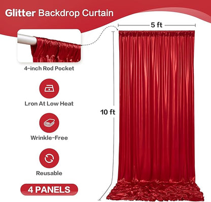 gogoparti 20x10FT Red Sequin Backdrop Curtain - 4 Panels of 5x10FT Wrinkle-Free Glitter Drapes for Photography, Birthdays, Weddings & Graduations