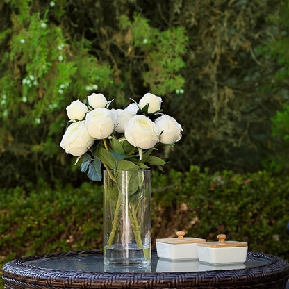 ENOVA FLORAL 9 Heads Silk Rose Artificial Flowers in Vase,Faux Rose Flowers Arrangement in Vase with Faux Water for Table Decor Centerpieces (Cream)